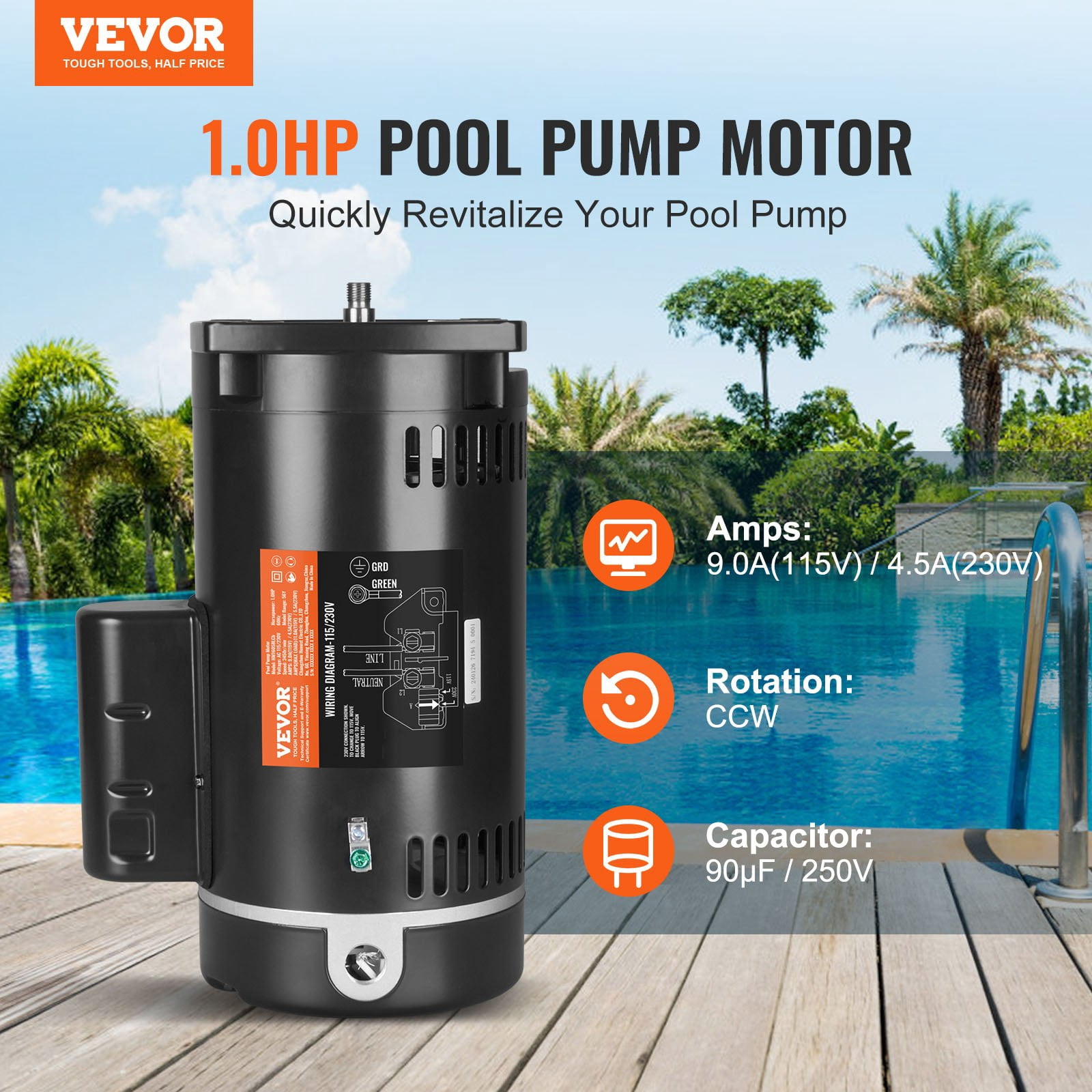 1 HP Pool Pump Motor, 56Y Frame, 115V(9 Amps)/230V(4.5 Amps) 3450RPM ...