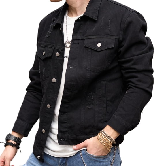Reppunk Men's Denim Jacket Streetwear Solid Slim Ripped Distressed Male Casual Coat Menswear Tops Long Sleeve black Plain Collared Collar Long Sleeves