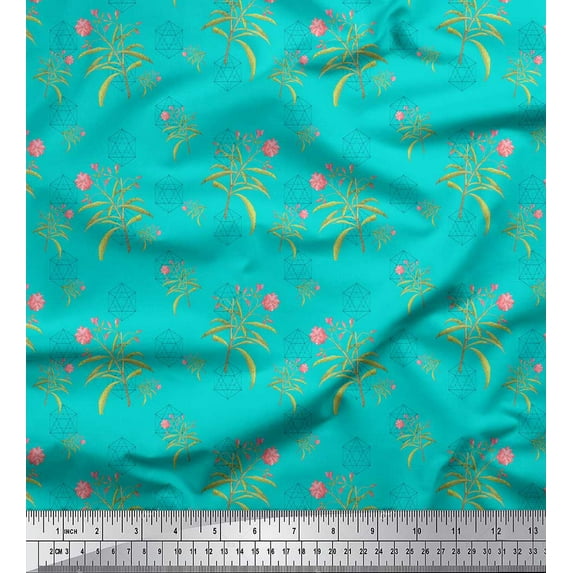 Soimoi Green Cotton Poplin Fabric Leaves & Flower Geometric Print Fabric by Yard 56 Inch Wide