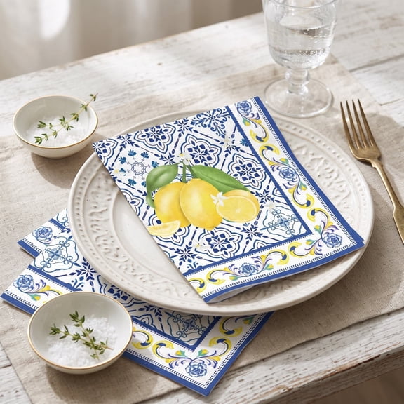 Miwamany 20pc Vintage Lemon Printed Paper Napkins, Blue Mediterranean Design, Disposable Decorative Napkin for Dinner Table, Party Home Dining Supplies