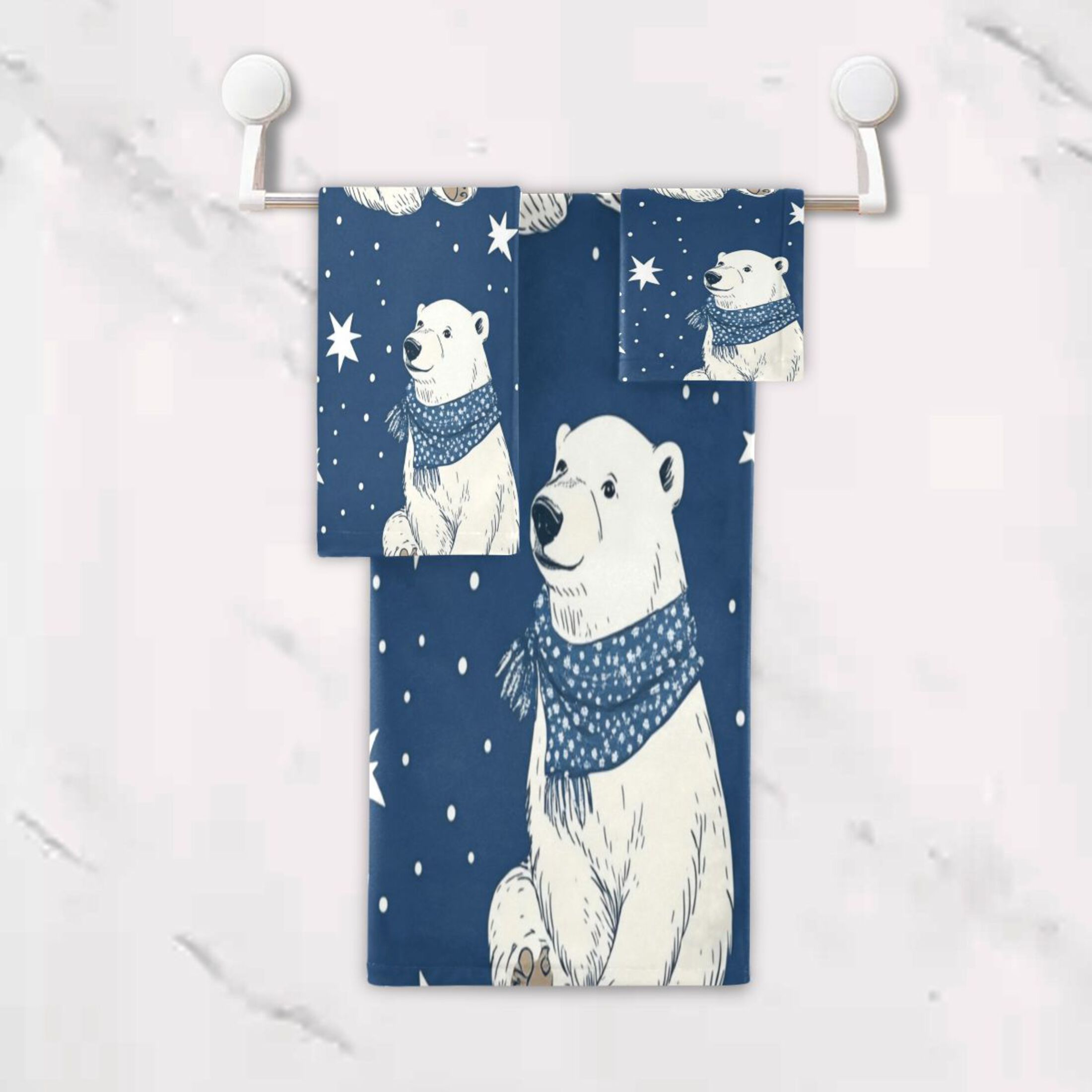 Wobogo Cute Polar Bears Pattern Ultra Soft 3 Pack Cotton Towel Set Includes 1 Bath Towel 1 Face Towel and 1 Washcloth for Everyday Use Lightweight and Compact