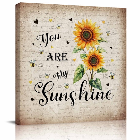 Wall Art Prints, Sunflower Framed Canvas Prints for Bedroom Living Room Bathroom Office, Vintage Summer Botanical Bee Spring Floral Gallery Wrap Wall Art Poster for Gifts Home Decor 28"x28"