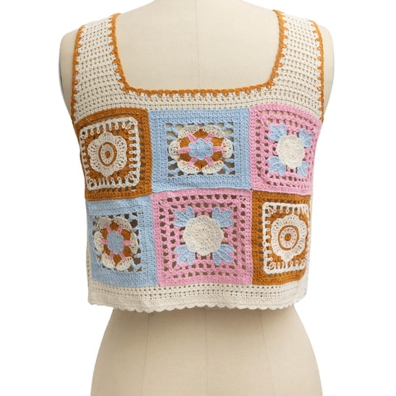 Floral Granny Square Crochet Crop Tank Top Pink Blue Ivory Size XS/S Cotton