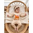 thumbnail image 4 of RUINIXCW Newborn Baby Girl My First Halloween Outfit Infant Baby Fall Winter Clothes Ribbed Romper Pumpkin Ghost Letter Print Long Sleeve Jumpsuit Headband Set, 4 of 9