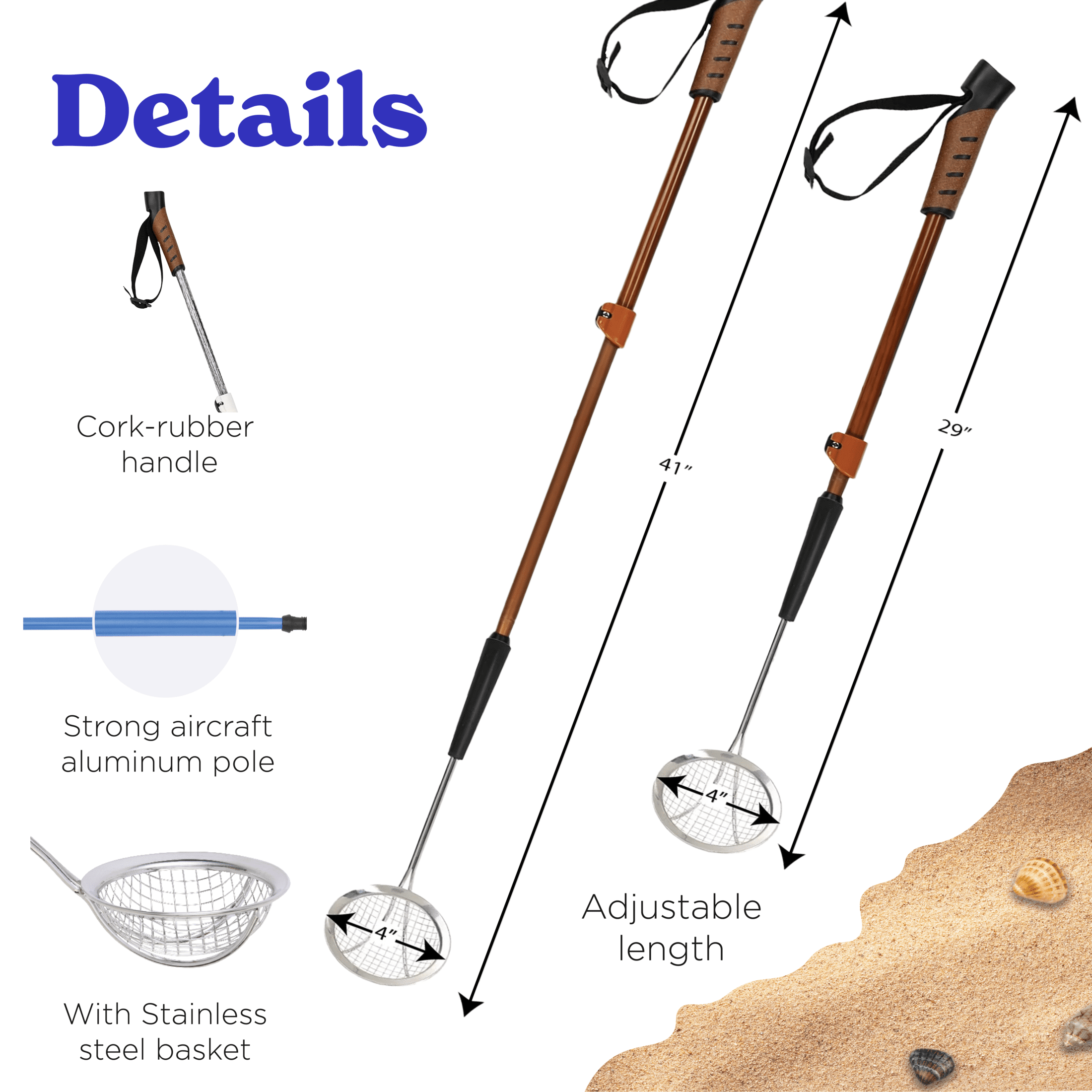 Sand-Dipper Mit Verstellbarem Griff – Strandkamm Aus Rotholz, Klappbar & Salzwasserfest