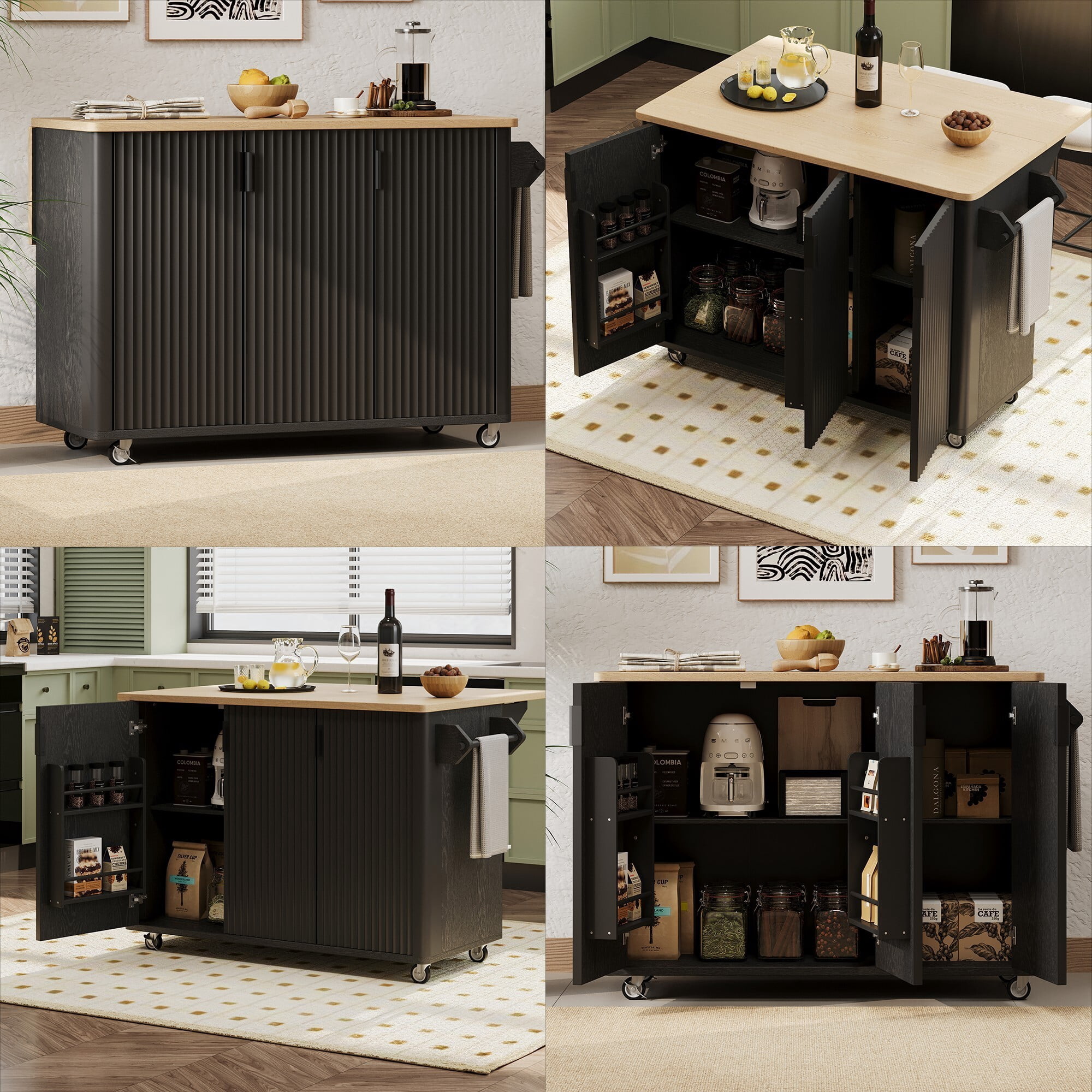 DEALTOPS 51" Fluted Panel Kitchen Island with Drop Leaf, 3-Door Rolling Storage Cabinet Cart, Black Ash