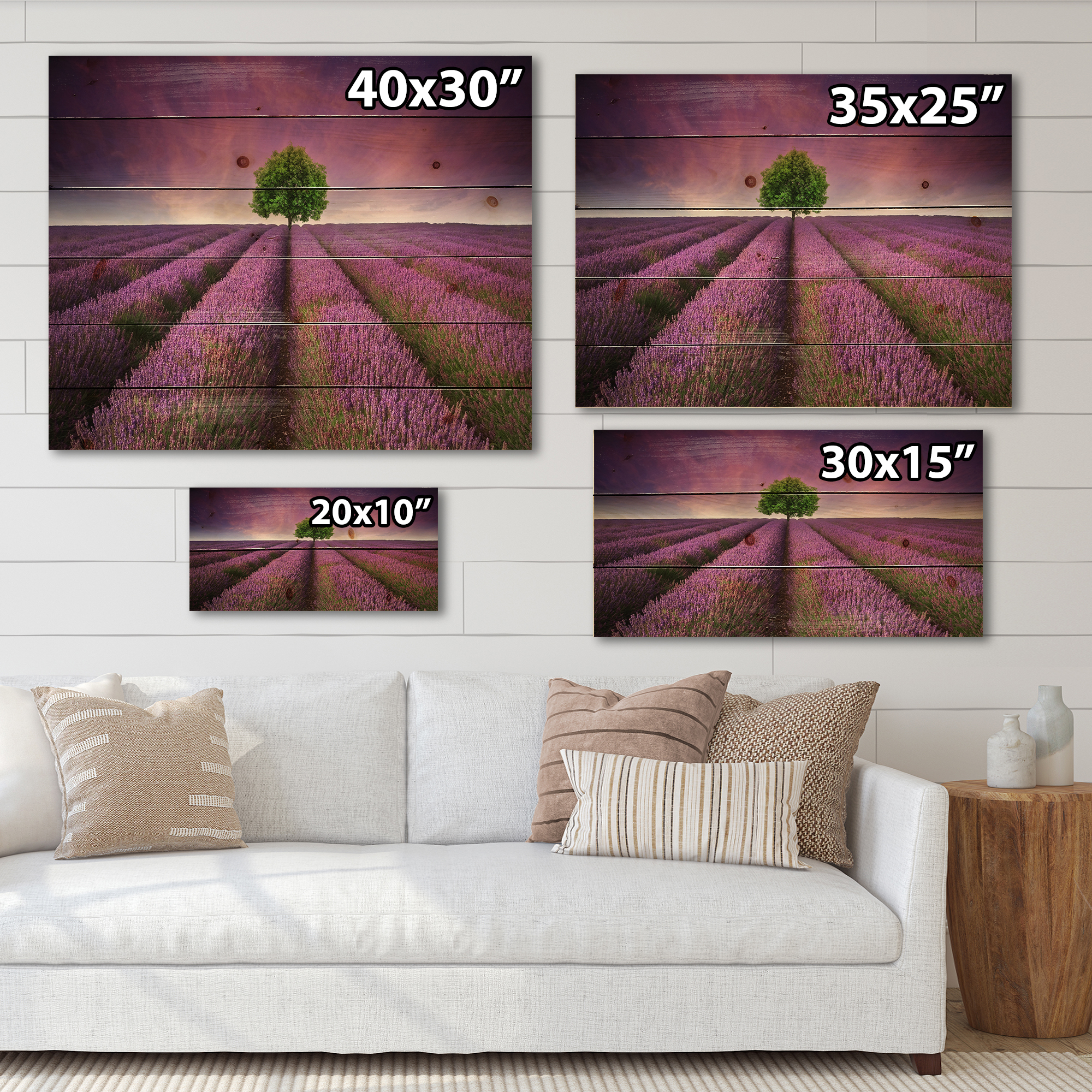 Designart 'Tree With Stunning Lavender Field Summer Sunset' Farmhouse Print on Natural Pine Wood