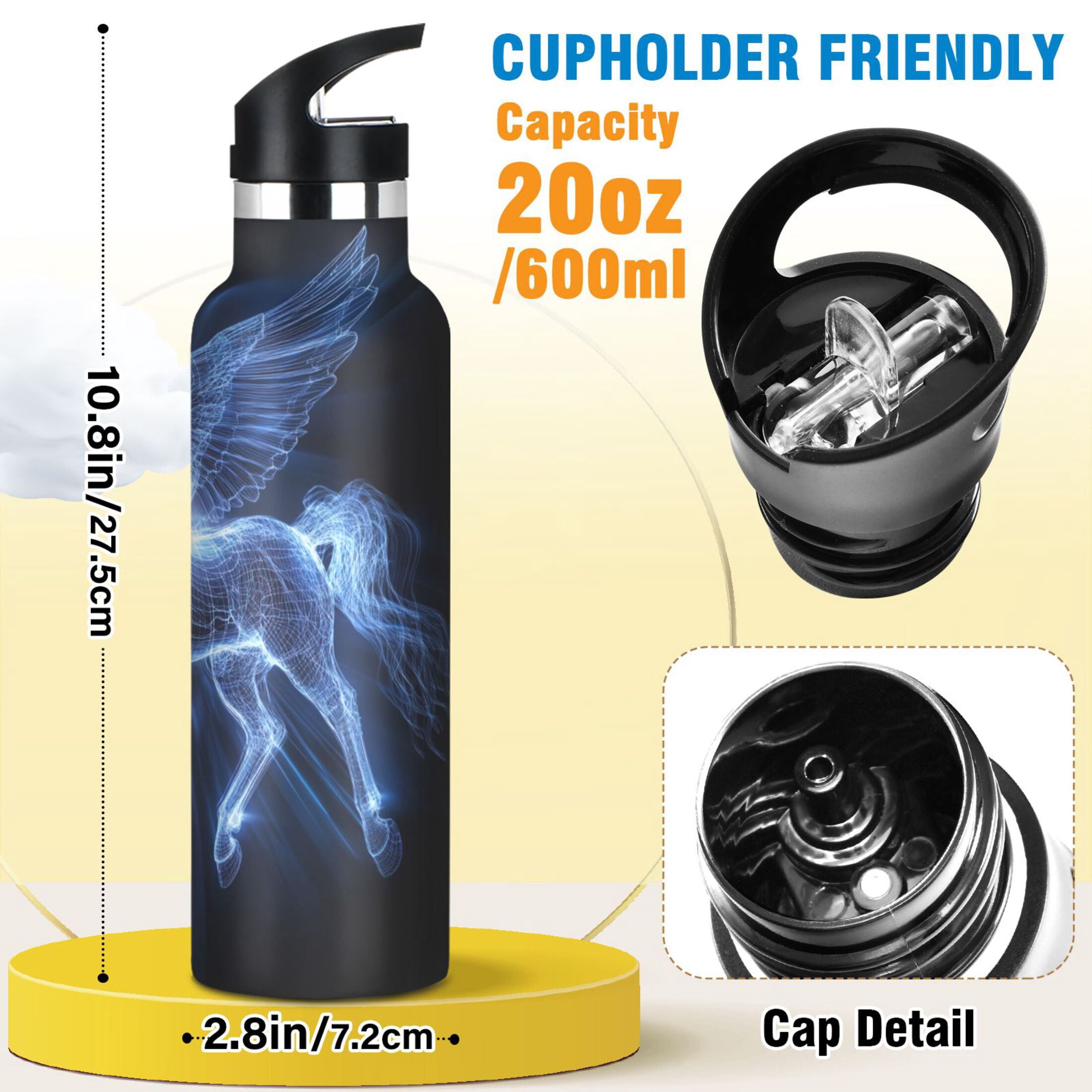 Kids Insulated Stainless Steel Sports Water Bottle 600ml (20oz) Blue Light Effect Pegasus