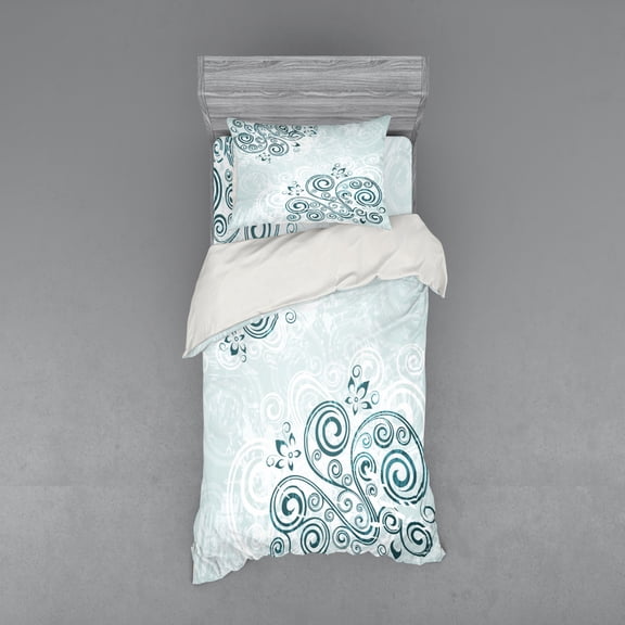 Ambesonne Floral Bedding Set 3 Pcs, Shabby Plant Petals Swirl, Twin, Jade Green Pale Blue