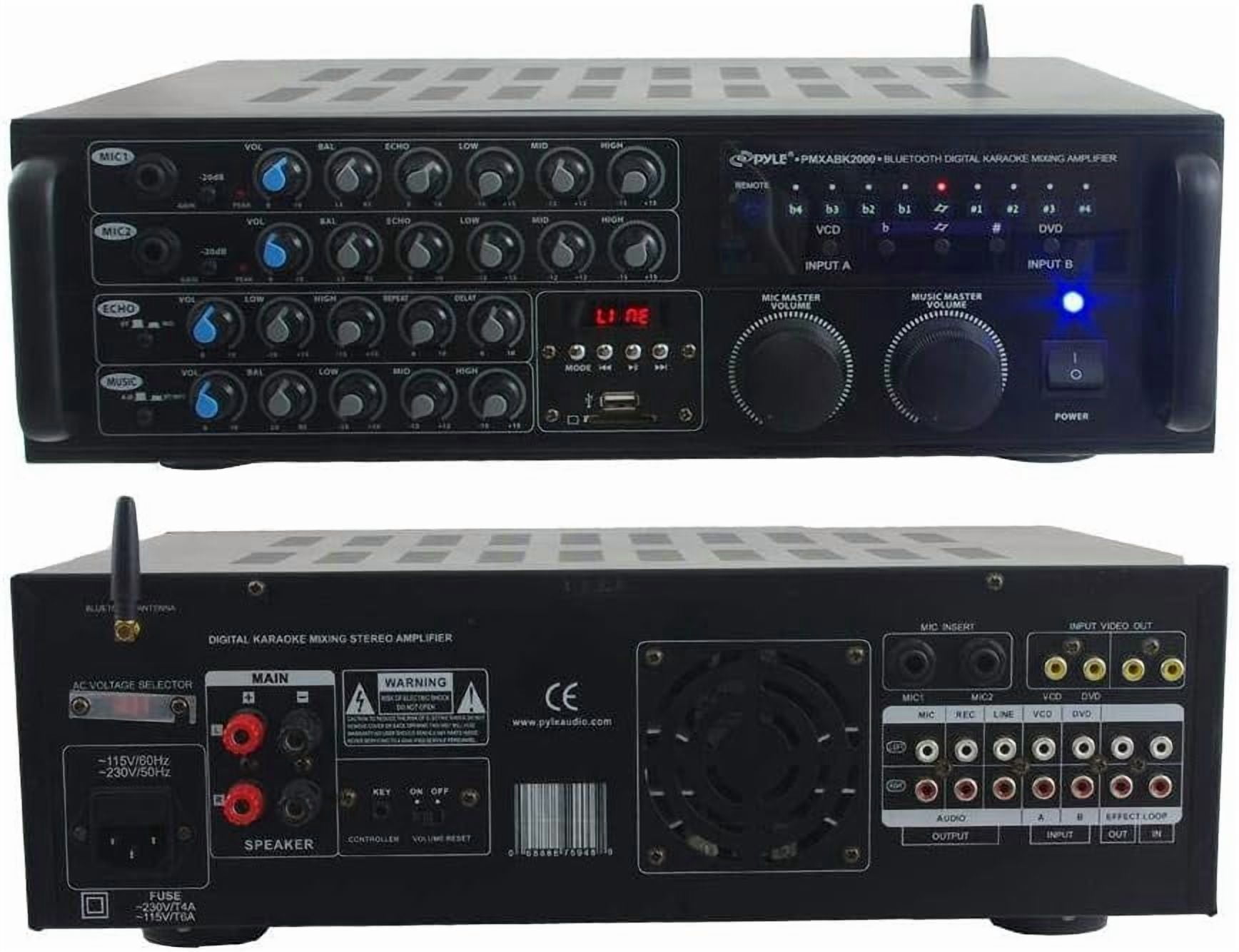 2000 Watt Bluetooth Stereo Mixer Karaoke Amplifier, Microphone/RCA Audio/Video Inputs, Mic-Talkover, USB/SD Readers, Rack Mountable Amp