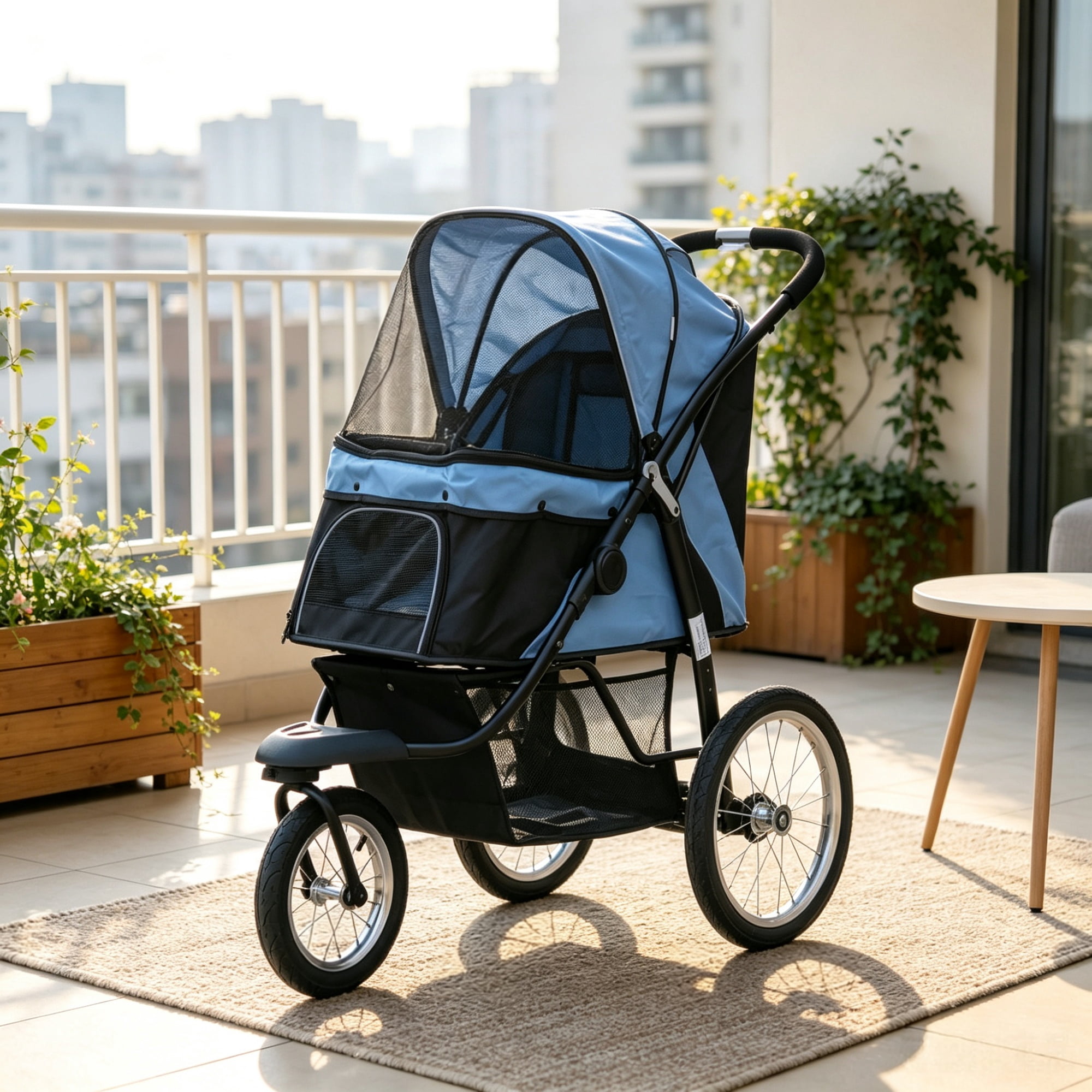 3-Wheel Pet Stroller for Small & Medium Dogs, Adjustable Canopy, Safety Tether, Storage Basket, Blue