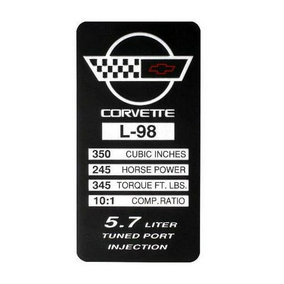 C4 Corvette 1991 L98, 245 HP, 345 TQ Engine ID Spec Metal Data Plate Emblem