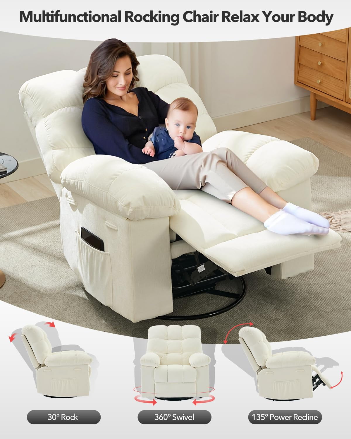 Oversized Swivel Rocker Recliner Chair for Adults, Extra Wide Chenille Upholstery, Overstuffed Cushion, 360° Manual Glider, Soft Lounge Chair for Living Room