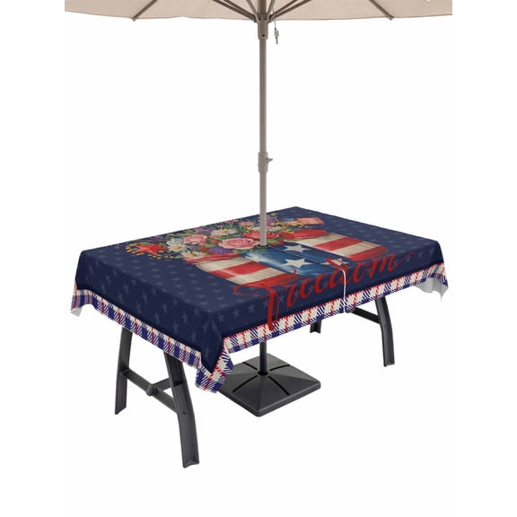 Outdoor Tablecloths with Umbrella Hole & Zipper, Independence Day Tablecloth Rectangle 60x84 Inch, US Flag Stars Spring Flowers Retro Blue Waterproof Table Cloth, Patio/Pool/Picnic Table Covers