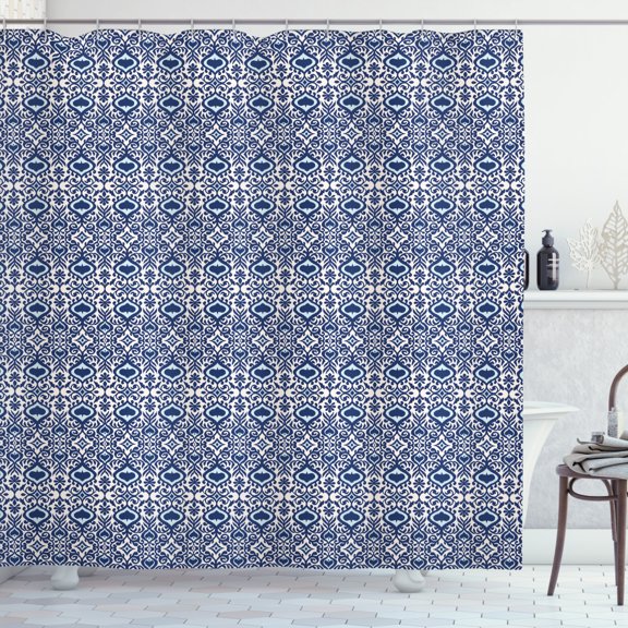 Oriental Shower Curtain, Illustration of Classic Ikat Inspired Print Vibes, Fabric Bathroom Set with Hooks, 69W X 84L Inches Extra Long, Night Blue Pale Eggshell, by Ambesonne
