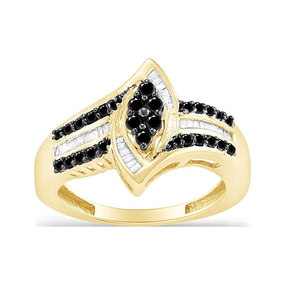 1/2 Carat Black & White Natural Diamond Round & Baguette Shape Marquise Ring In 14K Yellow Gold Over Sterling Silver (I2-I3 Clarity)