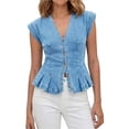thumbnail image 2 of Holzkary Women's Denim Vest Tops Trendy 2026 Cap Sleeve Deep V Neck Button Down Y2K Fitted Pleated Sleeveless Jean Vest Tops for Women Classic Summer Crop Waistcoat Jacket Denim Tops Light blue XL, 2 of 9