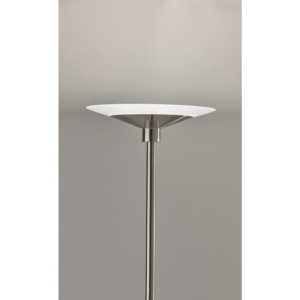 Solar LED Torchiere Wellness Floor Lamp in a Brushed Steel finish and Frosted Glass Shade