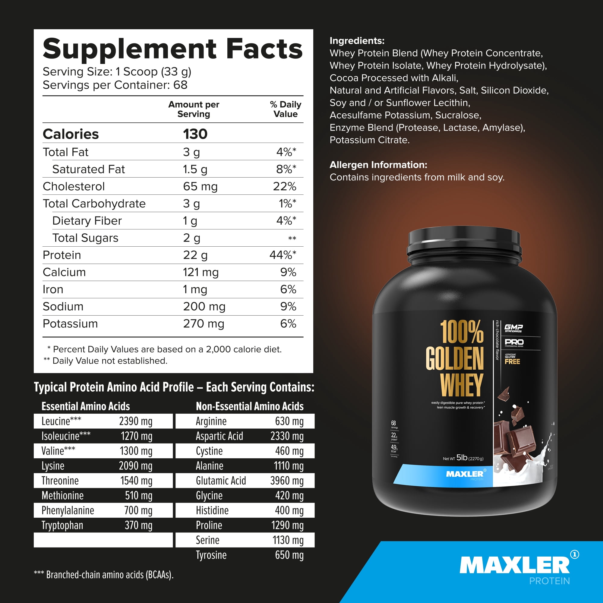 Maxler 100% Golden Whey Protein Powder - Rich Chocolate 5 lb