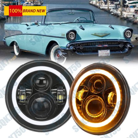 For Chevy Bel Air 1950-57/Truck 1947-72 2PC 7" Round LED Headlight Halo DRL Turn