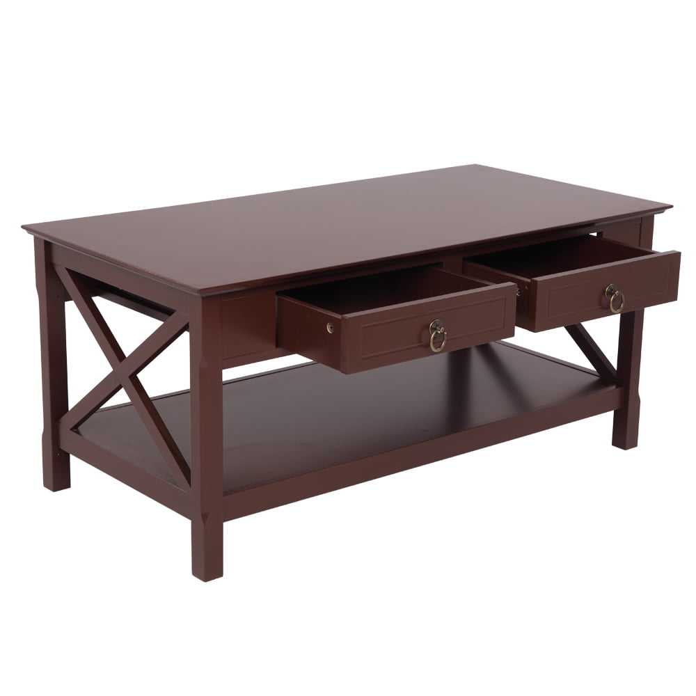 Lowestbest Wood End Table, Cross Solid Wood Legs with 2 Drawer, Tables for Living Room, Brown