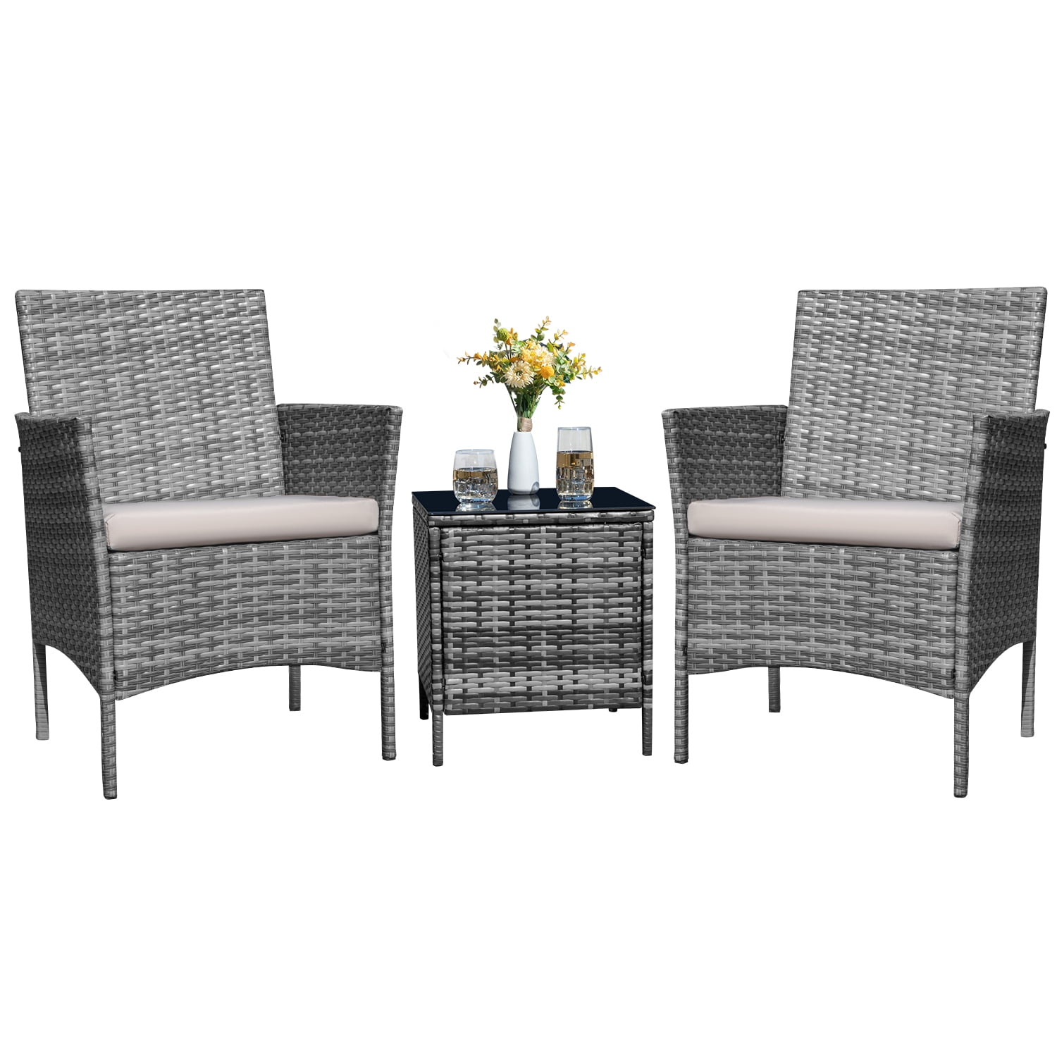 Homall 3 Pieces Patio Furniture Set Outdoor PE Rattan Wicker Patio Conversation Set Bistro Set with Tempered Glass and Cushioned Chairs, Gray/Beige