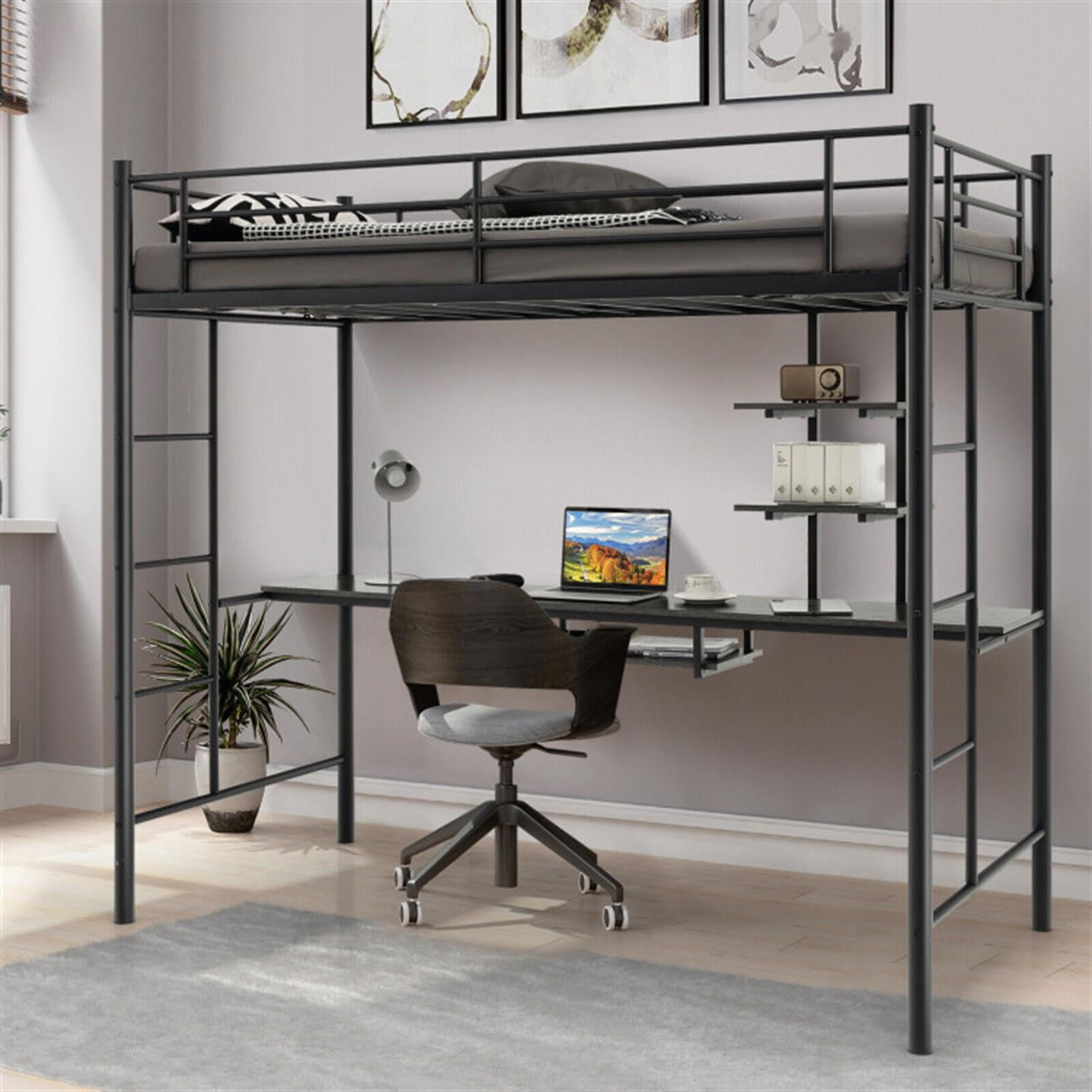 Demi Bonn Twin Size Metal Loft Bunk Bed with Desk Shelf and Full Length Guardrail for Teens, Brown