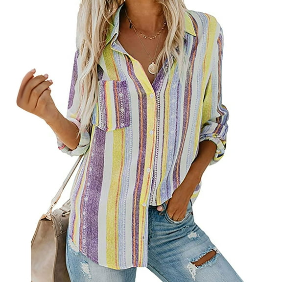 Turilly Womens Fashion V-Neck Striped Roll Up Sleeve Button Down Blouses Tops with Pocket Loose Shirt