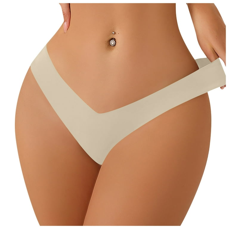 BIZIZA High Waisted Thong Underwear for Women Soft Womens Ice Silk Low Rise  G String Seamless Sexy No Show Hipster for Women Beige M