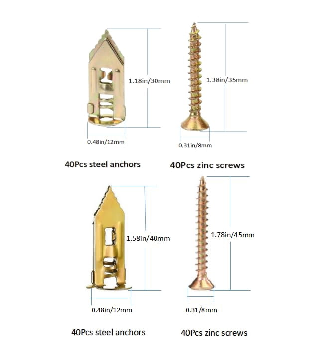 80 Sets Self Drilling Drywall Anchors with Screws - Self-Tapping Screws Anchors and Zinc Plated Steel Anchors Hold 65LB for Heavy Duty Wall Hanging (No Drill Need) (Two Sizes Mix 80sets)