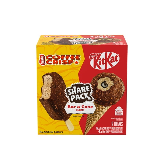 Coffee Crisp COFFEE&nbsp;CRISP&nbsp;& KITKAT, format partage, dessert glacé, barres COFFEE&nbsp;CRISP&nbsp;& cornets KITKAT, emballés individuellement, préparé au Canada, sans colorants artificiels 0.9 L