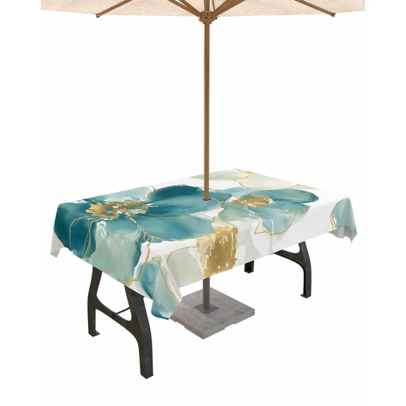 Boanket Outdoor Tablecloth with Umbrella Hole for Patio/Picnic/Party/Camping, Elegant Floral Waterproof Table Cloth Rectangle Table Cover Washable, Abstract Turquoise Green Golden Flower (60"x 102")