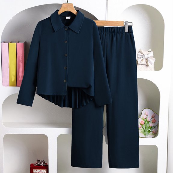 LEKWK Girls Formal 2 Piece Outfit Lapel Long Sleeve Button Down Pleated Top and Elastic Waist Straight Leg Pants Casual Matching Suit For Stage Performance