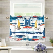 Yayeee Kitchen Curtains Light Filtering 27"x24" Rod Pocket Short Cafe Window Panel, Dark Blue Hand Drawn Sailboats