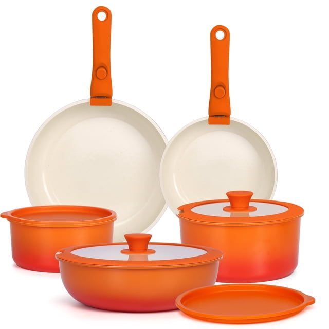 GIPP 11pcs Cookware Sets, Pots and Pans Set Non Stick with Removable Handle, Oven & Dishwasher Safe,Induction Cookware, Kitchen Cooking Set for RV Trips and Camping,Orange Gradient
