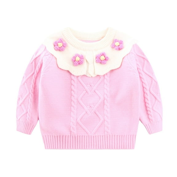 Povozer Girls Sweater Pullover Crew Neck Warm Patterns Casual Knitwear(Pink,3-4 Years)