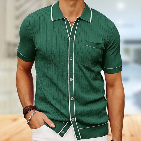 Wancir Mens Knitted Shirts Casual Short Sleeve Button Down Textured Summer Beach Shirt Lightweight Comfort Collared T-Shirts for Men