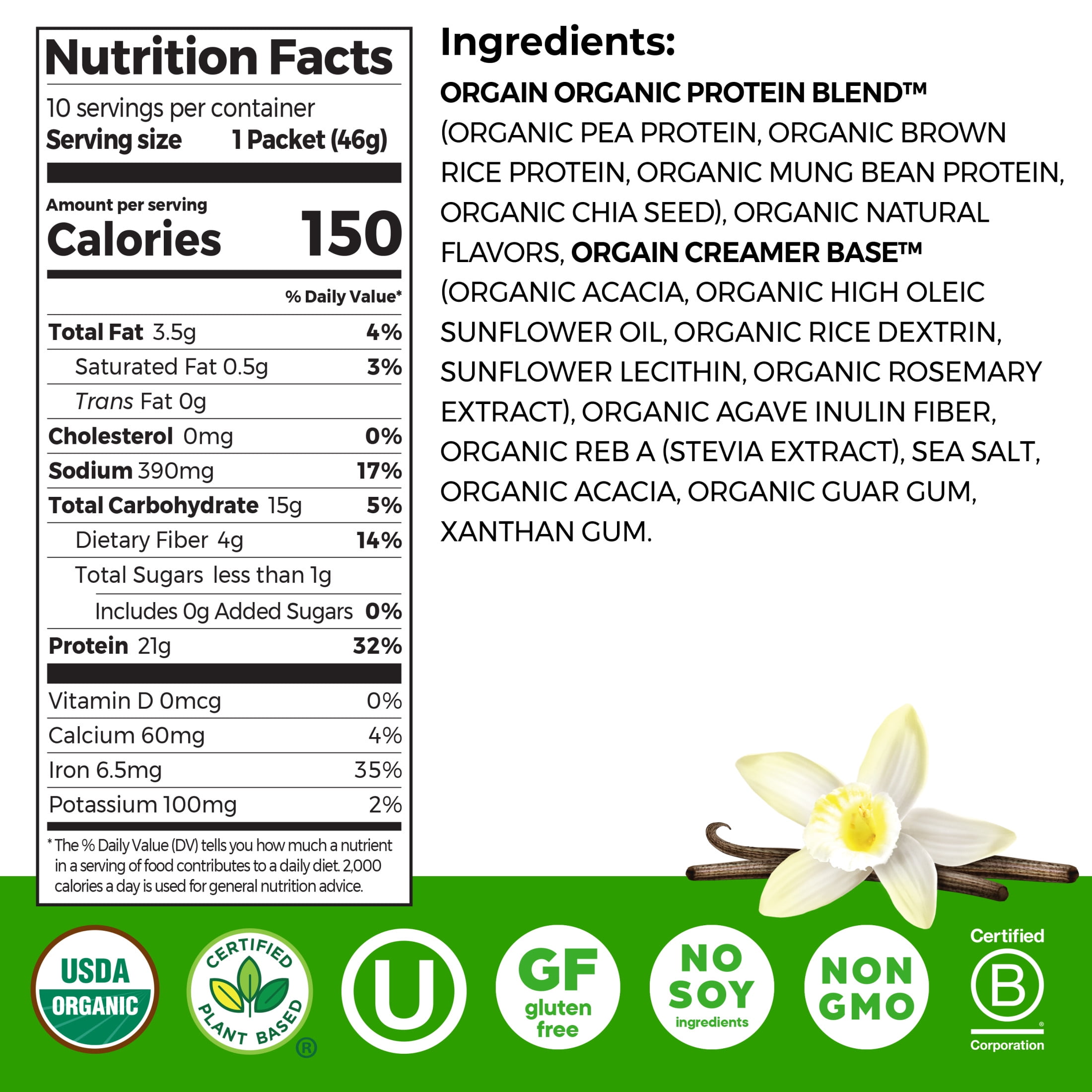 Orgain Organic Vegan 21g Protein Powder Packets, Plant Based Shake Drink, Travel Size, Vanilla, 10ct