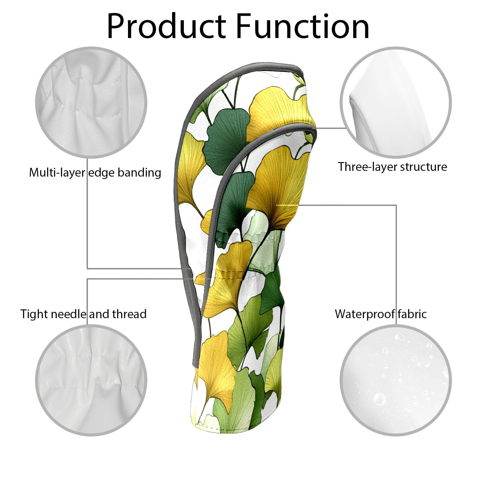 Golf Club Covers PU Leather Waterproof Head Covers for Fairway Woods Hybrids Yellow Green Ginkgo Leaves