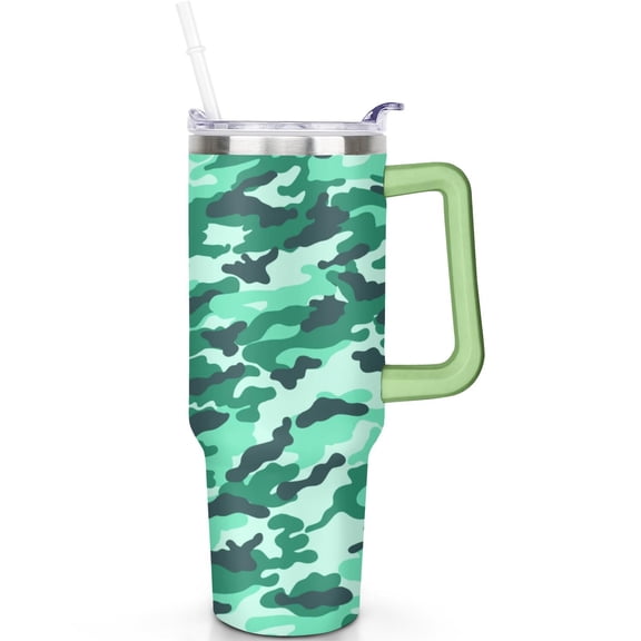 40 oz Stainless Steel Camouflage Flip Straw Lid Tumbler Vacuum Insulated Handle Leak Proof Travel Cup Gift for Him Her Travel Accessories Must Have