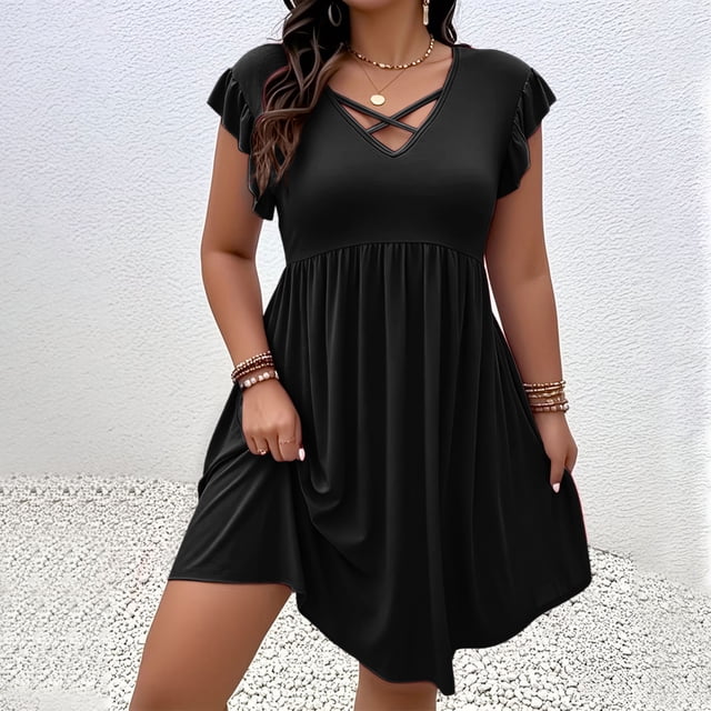 XiYing Robes pour Femmes, Robe Élégante pour Femmes Grande Taille à Col en V, Manches à Volants, Longueur Genou, avec Design Amincissant à la Taille pour Occasions de Printemps-Été, Coupe Douce et Fluide (Taille Us 14W-26W,