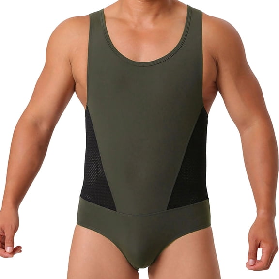 successthop Mens One Piece Swimsuit Mesh Nylon Beachwear Sleeveless Romper High Strecth Color Block Summer Jumpsuit M