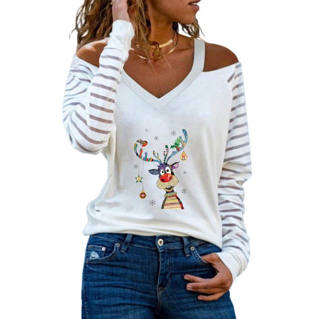 Camiseta de manga larga con cuello en V para mujer a la moda, blusa holgada con hombros descubiertos y estampado navideño de otoño Fridja FKASFK3671