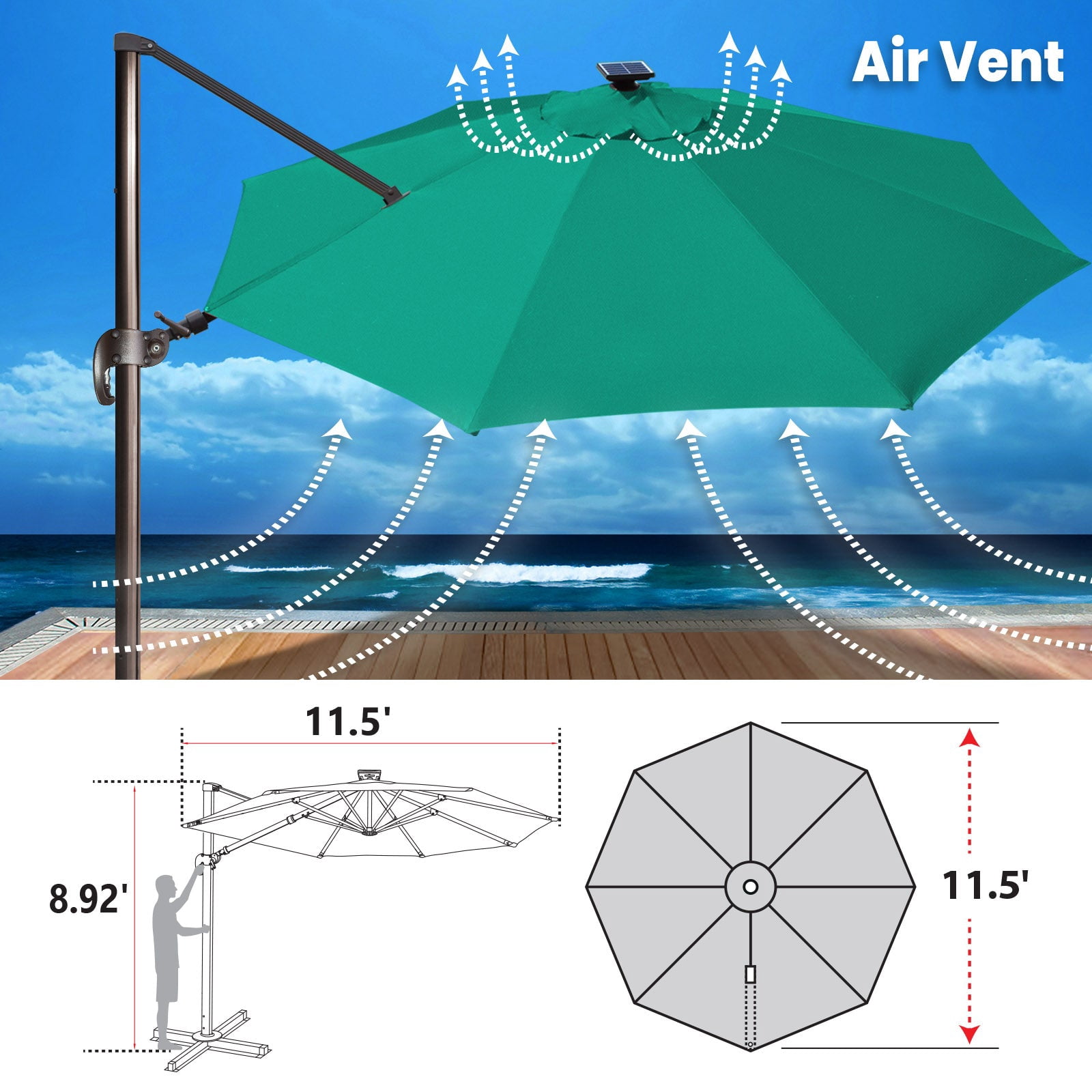 SUNNYOUTDOOR 11.5' Sunbrella Cover Umbrella Deluxe Cantilever Umbrella Patio Umbrella Garden Outdoor (Teal)
