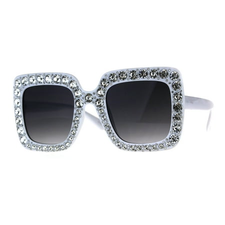Womens Large Rhinestone Iced Out Diva Plastic Rectangular Luxury Sunglasses White Smoke