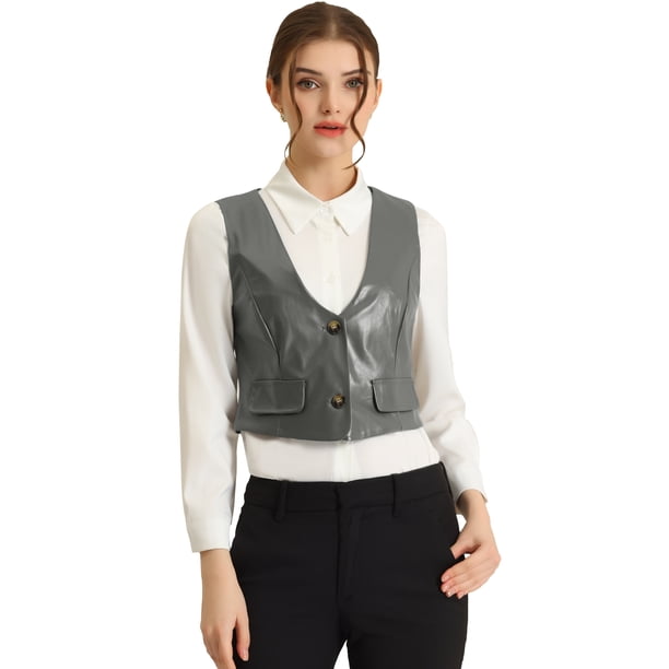 INSPIRE CHIC Chaleco de cuero de imitación de PU sin mangas con botón de chaleco vintage para mujer Gris M