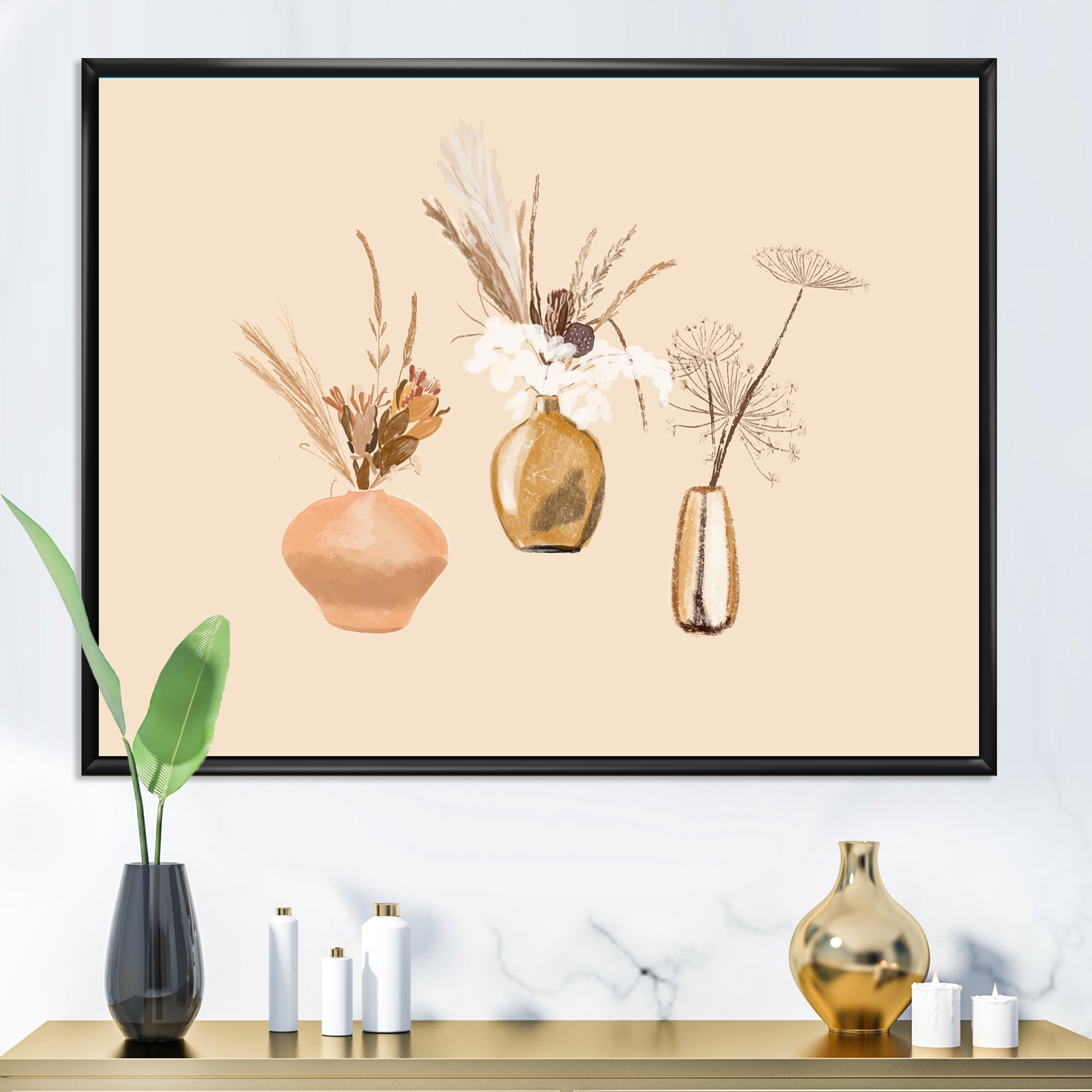Designart 'Gold Vases With Bouquets Of Wildflowers I' Traditional Framed Canvas Wall Art Print