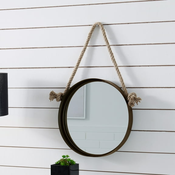 Danya B. 15” Dark Brown Iron Framed Round Accent Mirror with Hanging Rope