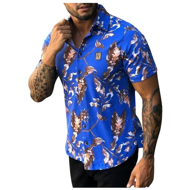 Camisa suelta de manga corta con estampado hawaiano y solapa para hombre Pompotops oipoqjl44707