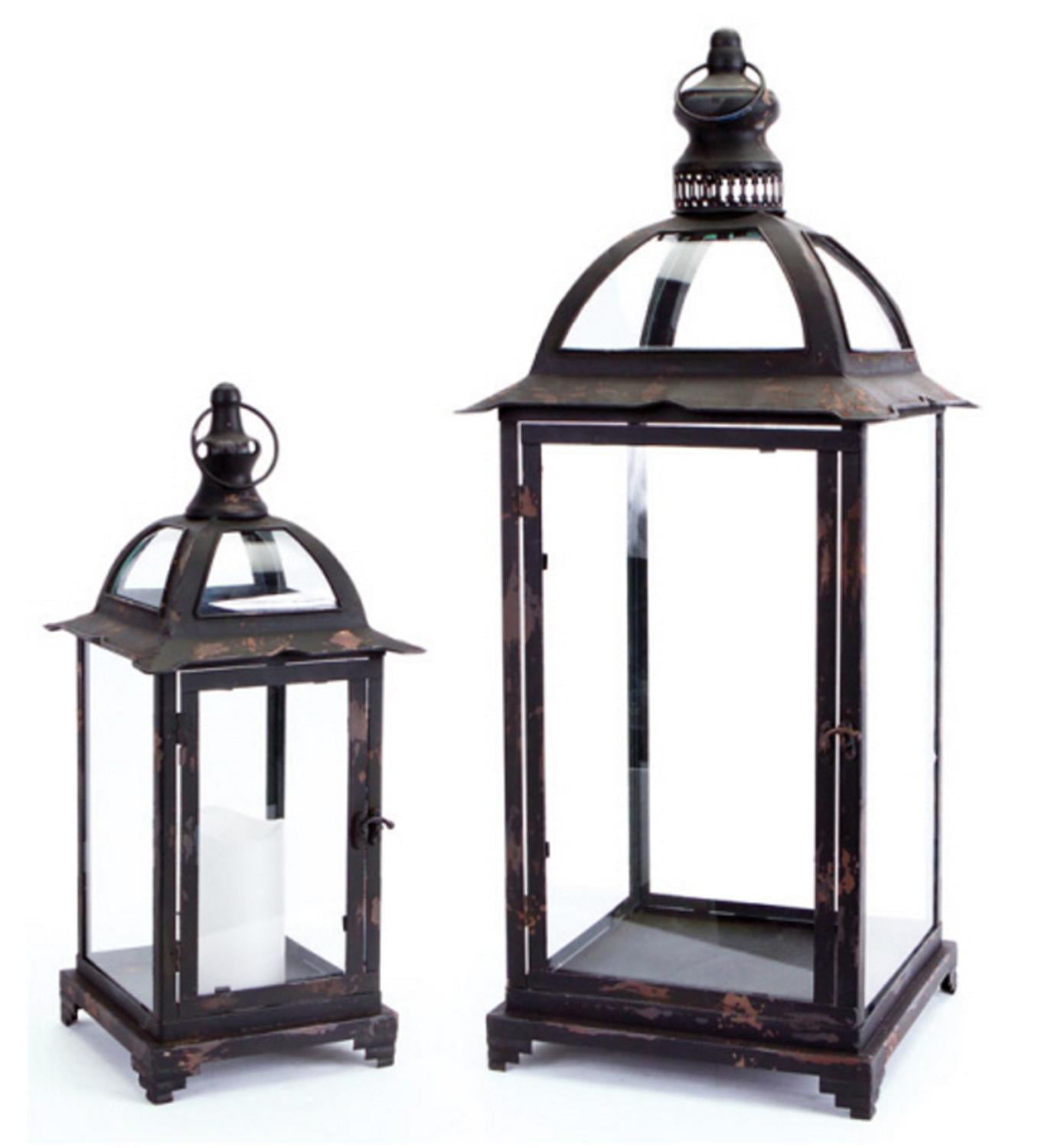 Set of 2 Distressed Black Pillar Candle Lanterns with Curved and Finial